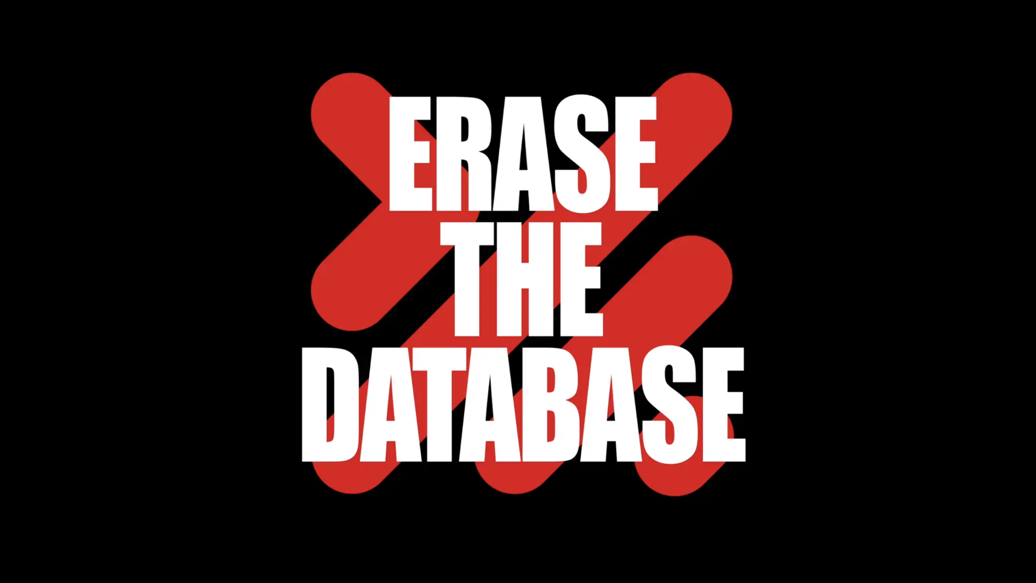 A screenshot image of the Erase the Database documentary from Youtube. There is a black background with a red pattern and the words Erase the Database over the top.