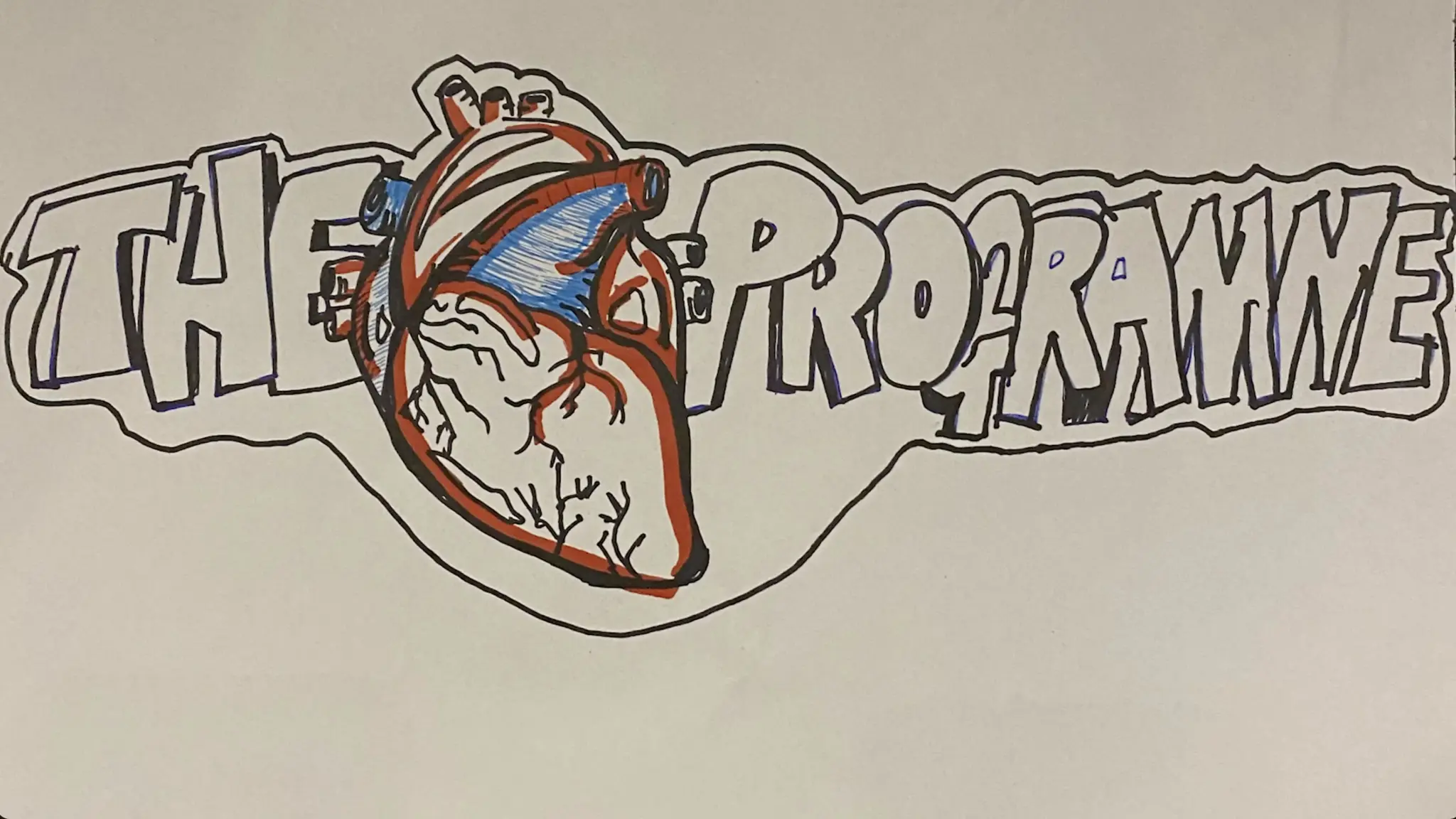 A screenshot image of the HeArt Programme video from Youtube. A hand drawn image of a realistic heart with There are hand drawn words that say 'The (a drawing of a realistic heart) programme on a beige background. The words and image formulate The Heart Programme